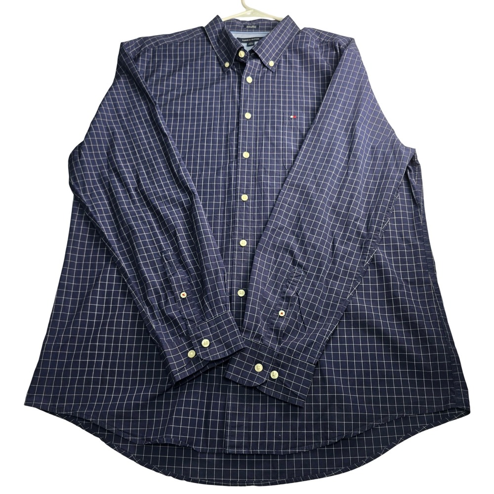 Tommy Hilfiger Button Down Shirt Mens XXL Navy Blue Windowpane 100s 2-Ply Cotton - Picture 7 of 13